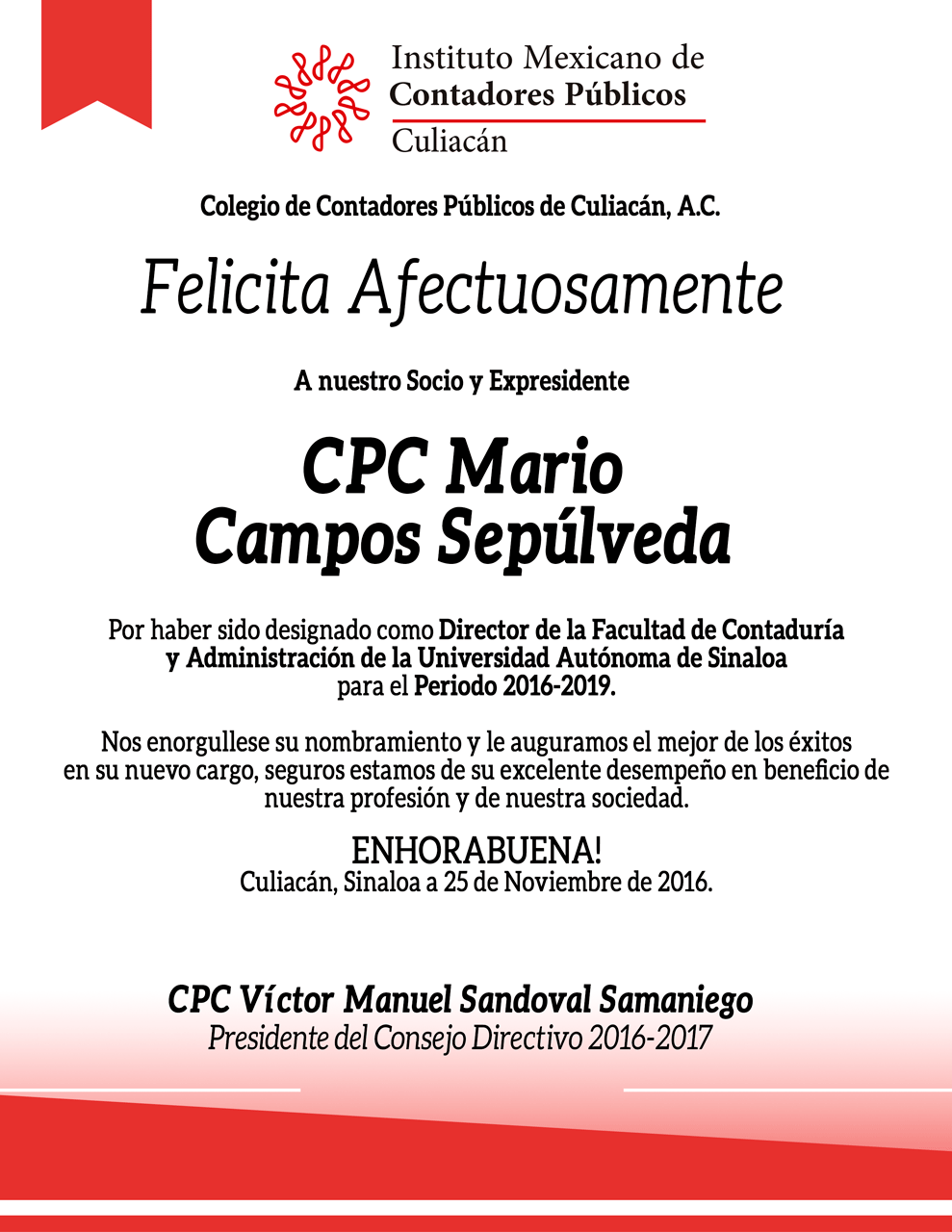 Felicitación CPC Mario Campos