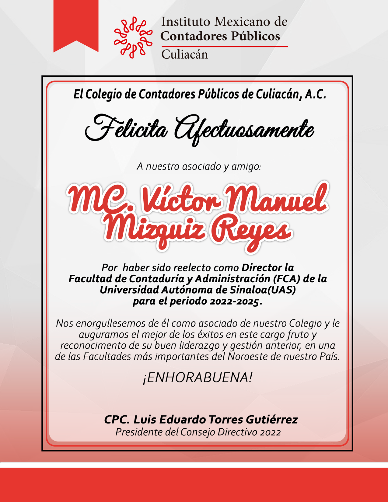 Felicitación MC Victor Mizquiz Director FCA 2022 2025